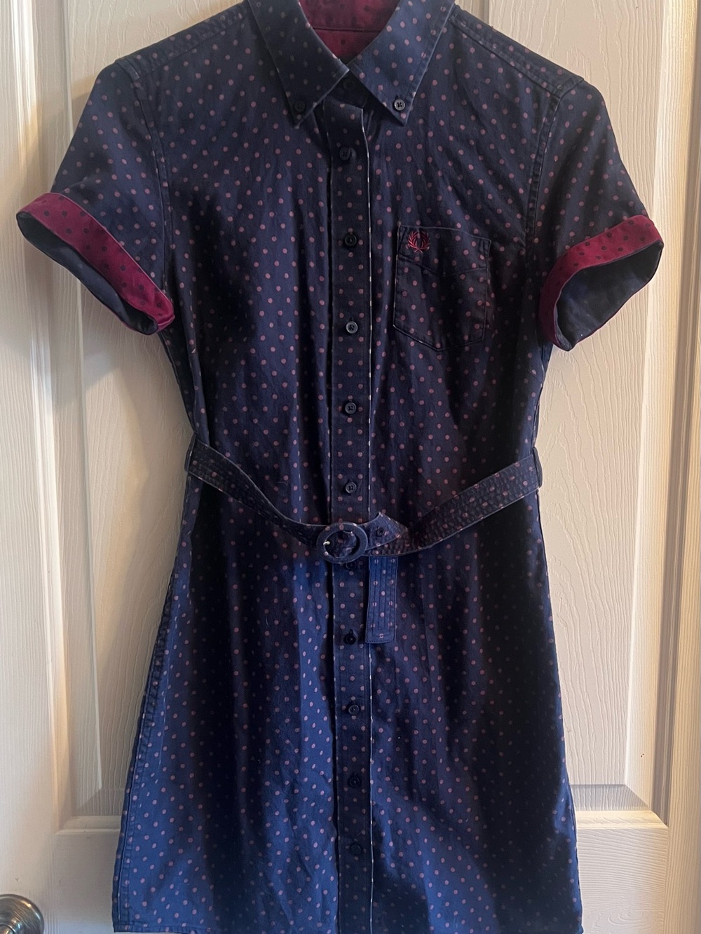 Fred Perry Navy and Burgundy Polka Dot Belted Mini Shirt Dress Women’s size 4